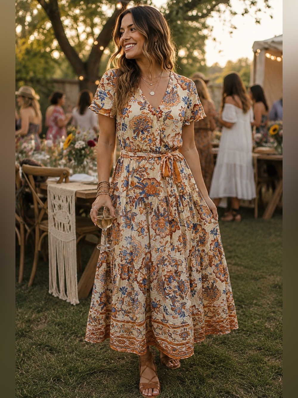 Boho Wrap Maxi Dress Floral Tie Waist Cottagecore Festival Midi Size M